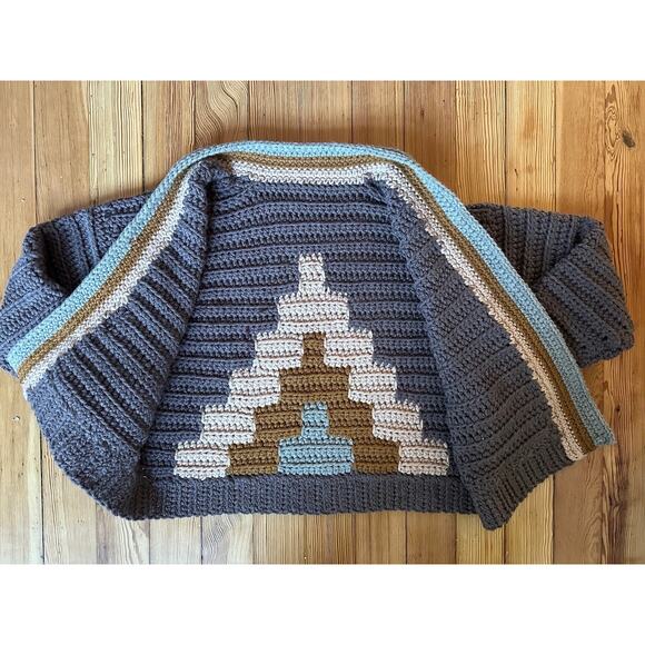 NWOT Handmade Chunky Crochet Knit Gray Green Blue Brown Long Sleeve Sweater OS - Picture 5 of 10